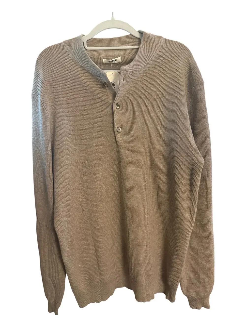 COOFANDY Men’s L Light Brown Henley Knit Sweater 3 Button Pullover NWT